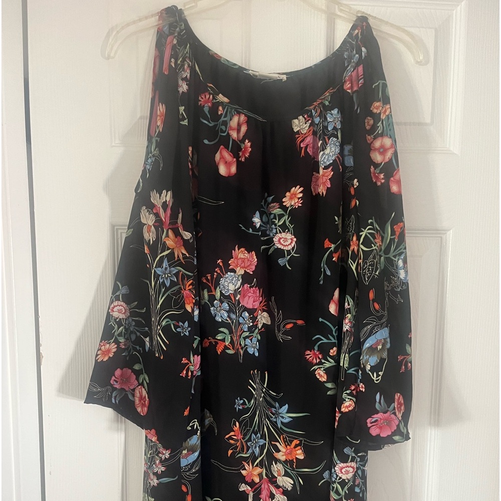 Artisan NY Shift Dress Black Floral Cold Shoulder Lined 10 large